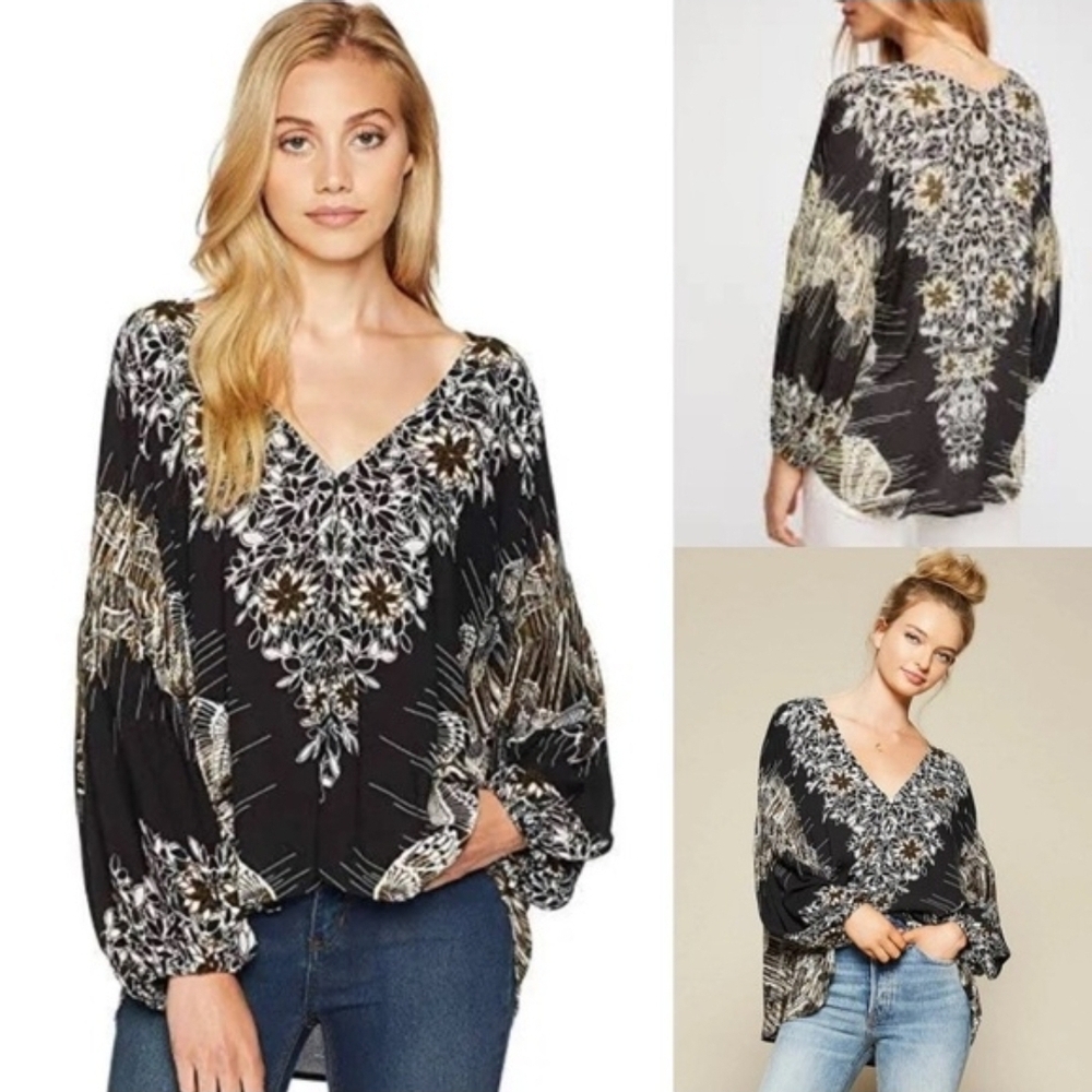 Black V-Neck Floral Medallion Balloon Sleeve Tunic